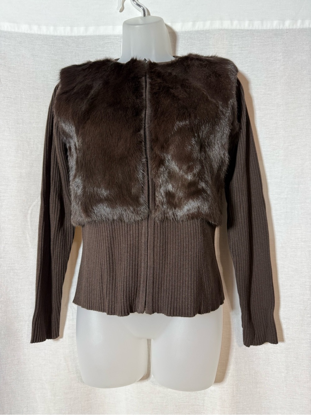Escapade Rabbit Fur Panel Knit Zip Teddy Jacket - Brown Size Small